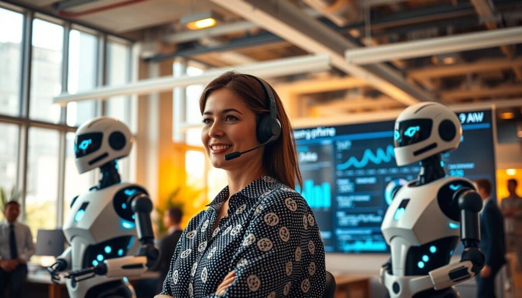A bustling open-plan office, illuminated by warm, diffused lighting from floor-to-ceiling windows. In the foreground, a customer service agent wearing a headset diligently handles a call, their expression calm and focused. Surrounding them, a team of AI-powered chatbots and virtual assistants stand ready, their interfaces glowing with activity, seamlessly managing a constant stream of inquiries. In the background, a large dashboard displays real-time analytics, showcasing the optimization and efficiency of this 24/7 customer support automation system. The atmosphere conveys a sense of professionalism, technology, and unwavering customer service.
