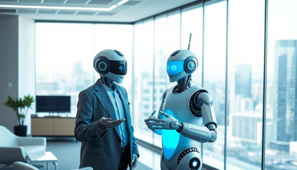 A modern office interior with an AI assistant chatbot interacting with a customer. Bright, clean lighting illuminates the scene, showcasing the chatbot's friendly and intuitive interface. The customer appears engaged, gesturing as they discuss a service-related query. The background features sleek, minimalist furniture and a large window overlooking a bustling cityscape, conveying a sense of efficiency and technological advancement. The overall atmosphere is professional yet approachable, highlighting how AI-powered chatbots can enhance the customer experience with seamless, personalized assistance.