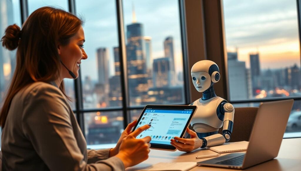 A modern, sleek office setting with a large window overlooking a bustling city skyline. In the foreground, a customer service agent engages with a client via an AI-powered chatbot interface on a tablet. The agent's face conveys a friendly, helpful demeanor, while the chatbot's avatar displays an intelligent, responsive expression. The middle ground features productivity-enhancing tools and software, including a virtual agent dashboard and customer data analytics. The background showcases the efficiency and convenience of AI-driven customer service, with reduced wait times and enhanced first-call resolution. Warm, diffused lighting creates a professional, inviting atmosphere. Captured with a wide-angle lens to emphasize the interconnected nature of the scene.
