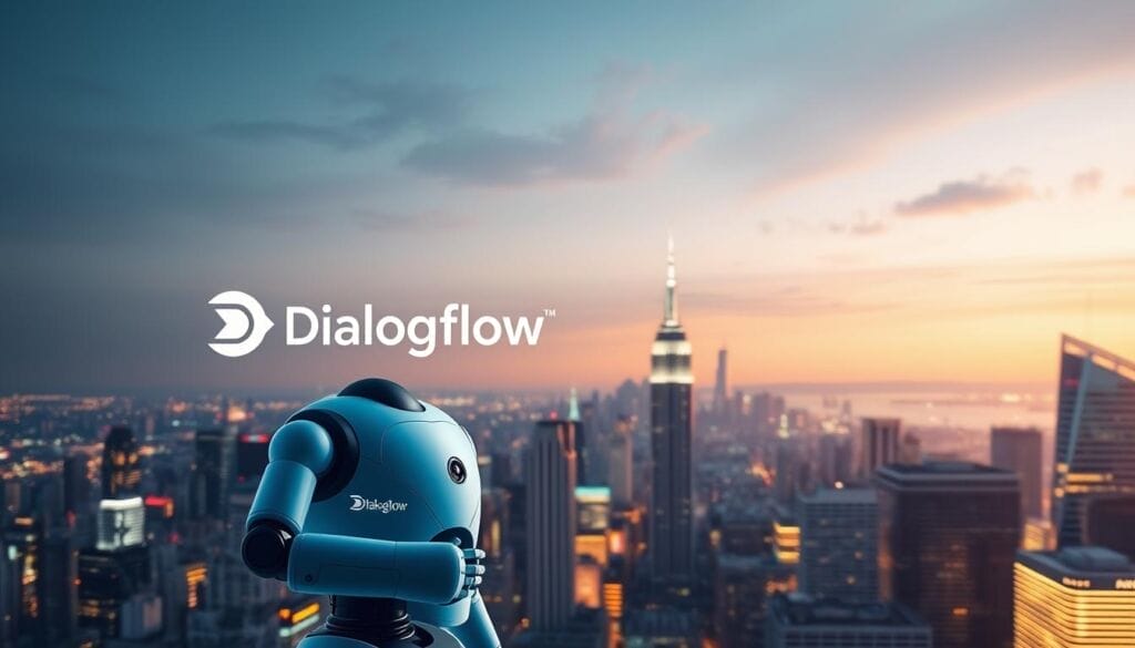 A sleek, modern chatbot interface, prominently displaying the Dialogflow logo, set against a backdrop of a bustling city skyline. The chatbot is rendered with a clean, minimalist design, seamlessly integrating into the digital landscape. Soft lighting illuminates the scene, creating a sense of sophistication and professionalism. The chatbot is depicted in a conversational pose, ready to engage with users across multiple channels, reflecting the omnichannel capabilities of the Dialogflow platform. The overall atmosphere conveys the power of Dialogflow in delivering an intelligent, streamlined, and versatile chatbot experience for businesses.