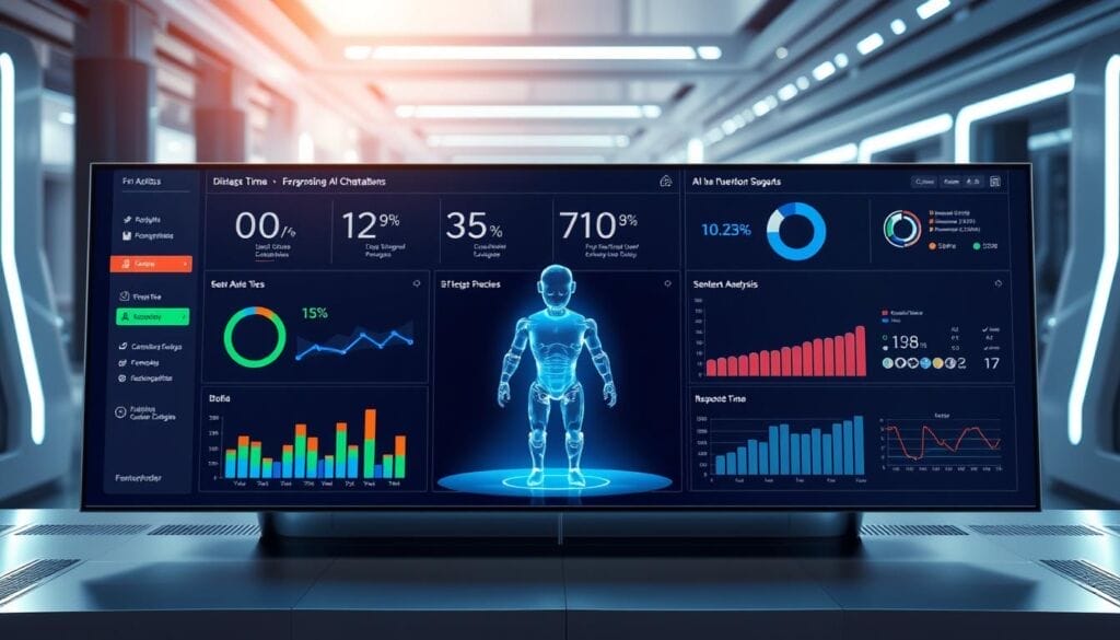 A sleek, modern control panel displaying real-time data analytics for an AI-powered chatbot. The foreground features a minimalist dashboard with colorful, intuitive charts and graphs tracking key performance metrics such as user engagement, sentiment analysis, and response times. The middle ground showcases a three-dimensional, holographic representation of the chatbot itself, rendered in shades of blue and gray with a semi-transparent, almost ghostly appearance. The background depicts a futuristic, tech-inspired environment with clean lines, metallic accents, and subtle lighting effects that create a sense of depth and sophistication. The overall scene conveys a balance of technical precision and user-friendly design, reflecting the power and efficiency of the AI chatbot.